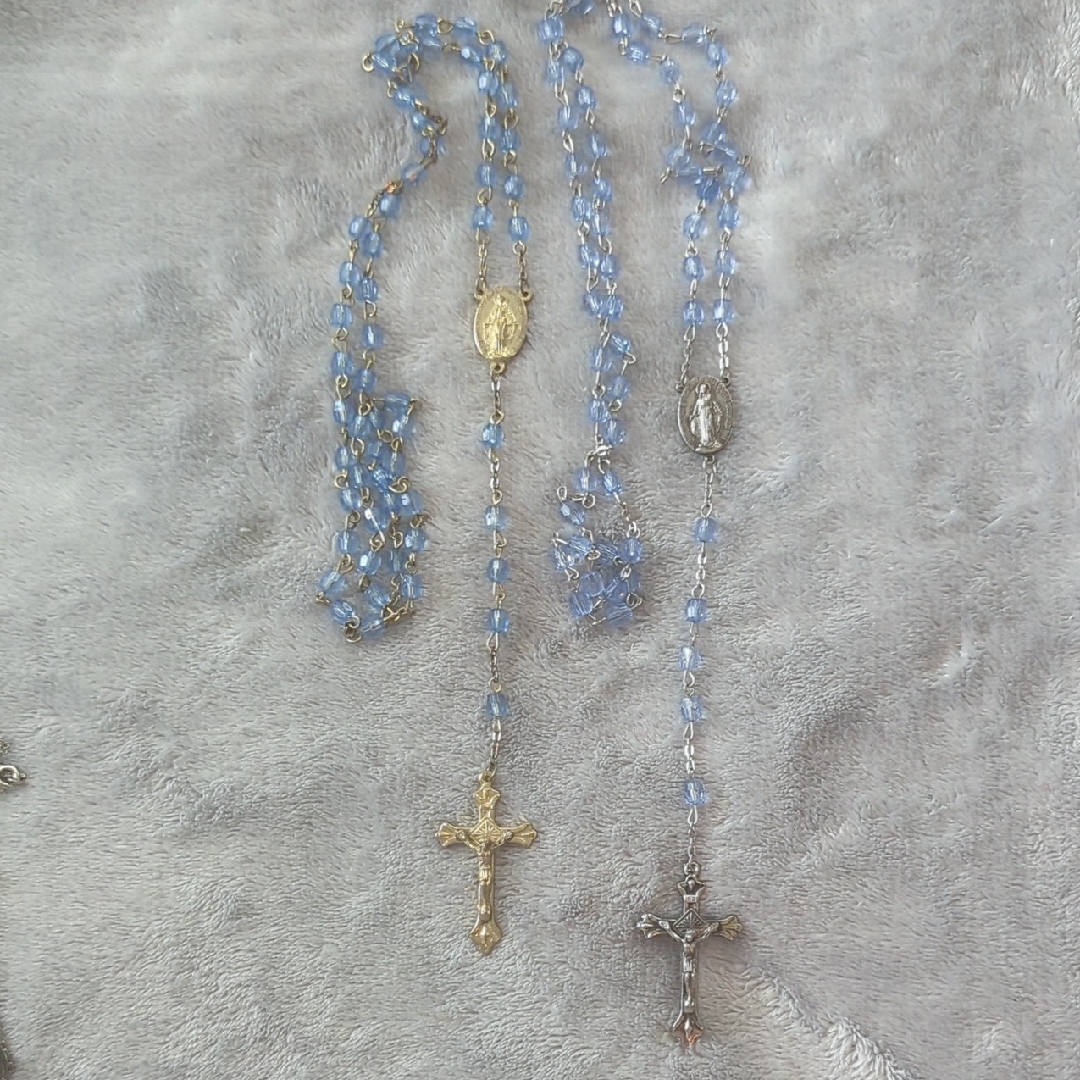 Vintage Elegant Rosary Beads With Gold And Silver Crosses W Blue Beads